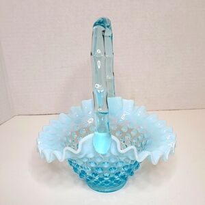 Fenton Aqua Blue Opalescent Hobnail Ruffled Basket w Applied Bamboo Handle READ